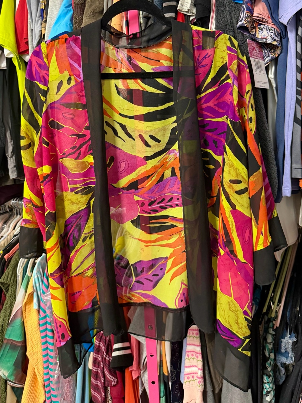 Travel Elements Women’s Size Medium Open Front Chiffon Blouse Hot Pink Black